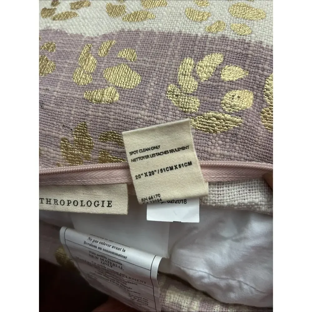 Anthropologie Large Boho Metallic Gold and Lavender Tasseled Pillow, 20”x20”